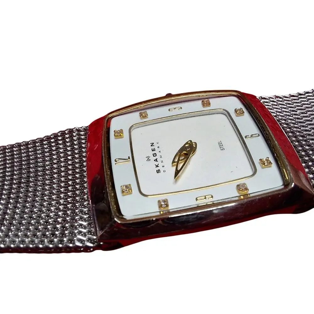 Skagen Denmark 380XSGS1 Slim Square Watch - Two-Tone Mesh & Crystal Dial WORKS